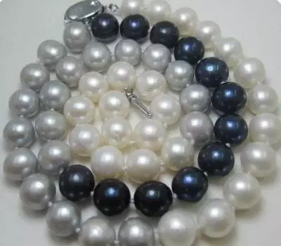 Потрясающее круглое ожерелье из натурального южного морского белого, черного, серого жемчуга диаметром 8-9 мм.