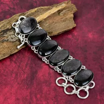 Потрясающий браслет из черного обсидиана, ювелирные изделия из стерлингового серебра 925 пробы, браслет из драгоценных камней ручной работы, достойные украшения для женщин 8 Inches With Adjustable чёрный