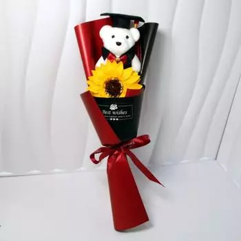 Потрясающий букет из мыла в виде подсолнухов Милый мультяшный букет с мишкой для выпускника День святого Валентина 01