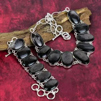 Потрясающий комплект ювелирных изделий из браслета и ожерелья с черным обсидианом, ювелирные изделия из стерлингового серебра 925 пробы, украшения из драгоценных камней ручной работы для нее Adjustable With 8 -18 чёрный