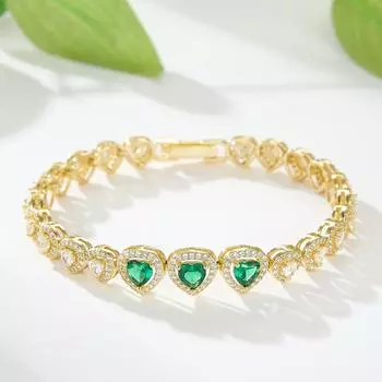 Потрясающий медный теннисный браслет с зелено-белым сердечком и цирконом 17 см, позолоченный 18 карат