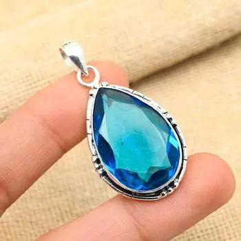 Потрясающий синий топаз, драгоценный камень, подвеска из стерлингового серебра 925 пробы Solis ручной работы для женщин 2 Inches синий