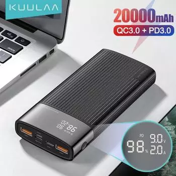 Power Bank Kuulaa 20000мАч с цифровым табло 20000mAh Power bank чёрный