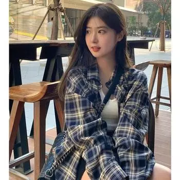Power-on Wear Gingham Shirt Women s Idle Style Retro Loose Shirt Cardigan Outwear Sun Protection Top Thin Summer Navy S Recommendation 37.50 kg-45.00 kg