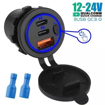 Power Outlet with Power Switch for Car Boat Waterproof Dual PD USB-C Port QC 3.0 USB Outlet USB Charger Socket 75W 12-24V красный