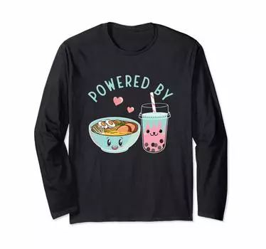 Powered by Ramen Bubble Tea Cute Kawaii Long Sleeve T-Shirt чёрный
