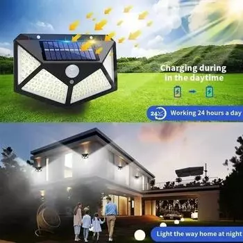 Powerful 100 LED Solar Wall Lamp 4 Sides Luminous With Motion Sensor Outdoor Garden Courtyard Decoration Waterproof Wall Light