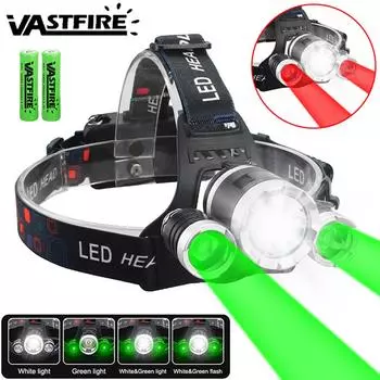 Powerful LED Headlamp Green/Red/UV 395nm+White Dual Light Headlight USB Rechargeable Outdoor Waterproof Head Lamp Head Torch NO Battery