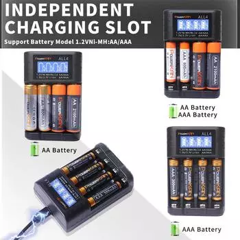 POWERKAN ALL4 AA/AAA 4-слотовое небольшое удобное зарядное устройство для 1,2 В Hi-MH и 1,5 В/3,7 В Li-ion с ЖК-экраном