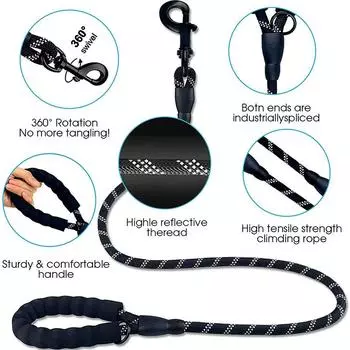 Поводок для домашних животных, прочный поводок для собак, мягкая ручка, прочные поводки, светоотражающая нейлоновая веревка, вращающаяся на 360° металлическая пряжка, поводки для кошек и собак чёрный