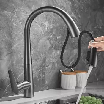 Поворотные на 360 градусов выдвижные кухонные смесители с 2 режимами струи Смесители для раковины в ванной комнате с высокой дугой Потяните вниз серый