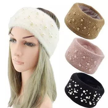Повязка для волос Изысканная женская зимняя эластичная модная женская вязаная повязка на голову с жемчугом теплая повязка на голову 22x10.5cm чёрный