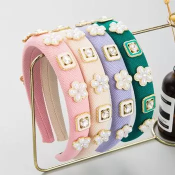 Повязка для волос меньшинства, губка, жемчуг, цветок, инкрустация кристаллами, нежный головной убор OneSize бежевый