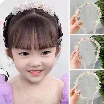 Повязка на голову для девочек, длинная прозрачная лента, регулируемое украшение из искусственного жемчуга, детский головной убор с цветком принцессы, свадебная вечеринка, аксессуары для волос, подарок на день рождения бежевый