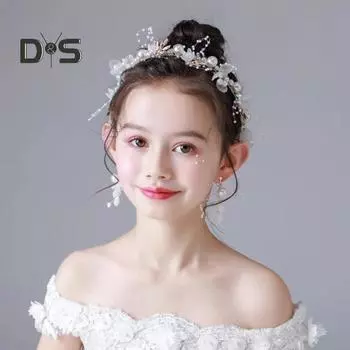 Повязка на голову для девочек, длинная прозрачная лента, регулируемое украшение из искусственного жемчуга, детский головной убор с цветком принцессы, свадебная вечеринка, аксессуары для волос, подарок на день рождения бежевый