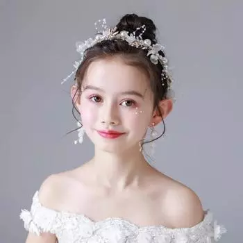 Повязка на голову для девочек, длинная прозрачная лента, регулируемое украшение из искусственного жемчуга, детский головной убор с цветком принцессы, свадебная вечеринка, аксессуары для волос, подарок на день рождения бежевый