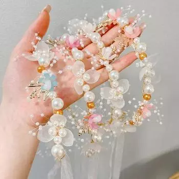 Повязка на голову для девочек, длинная прозрачная лента, регулируемое украшение из искусственного жемчуга, детский головной убор с цветком принцессы, свадебная вечеринка, аксессуары для волос, подарок на день рождения бежевый