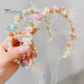 Повязка на голову для девочек, длинная прозрачная лента, регулируемое украшение из искусственного жемчуга, детский головной убор с цветком принцессы, свадебная вечеринка, аксессуары для волос, подарок на день рождения бежевый