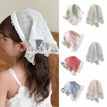 Повязка на голову для девочек, кружевной треугольный шарф с клетчатым принтом, нескользящая повязка на голову, детский обруч для волос, аксессуар для волос розовый