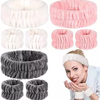 Повязка на голову для мытья лица Повязка на голову с браслетами Повязка для мытья в спа-центре Полотенце для мытья запястий из микрофибры Браслеты Повязки на голову и запястья розовый