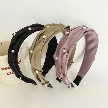 Повязка на голову для волос, плиссированный милый головной убор, аксессуары, однотонный жемчужный обруч для волос 17*13cm чёрный