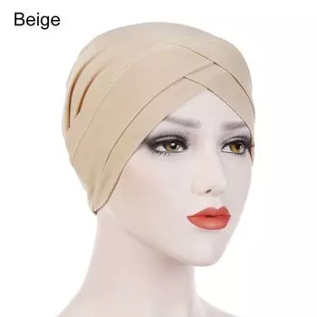 Повязка на голову Фронтальный тюрбан с перекрестом Мусульманские шапочки Хиджаб Шапка для химиотерапии при раке Потеря волос Женский головной платок бежевый