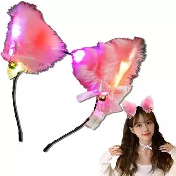 Повязка на голову HINH с кошачьими ушками, цветная светодиодная повязка на голову со светящимся колокольчиком, костюм для косплея, батарейки в комплекте, инструкция на японском языке (розовый) розовый