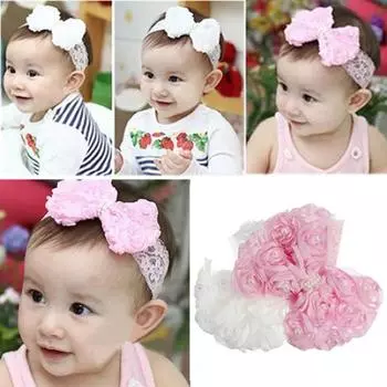 Повязка на голову из искусственного жемчуга для маленьких девочек, кружевная повязка для волос с розовым бантом и цветочным головным убором белый