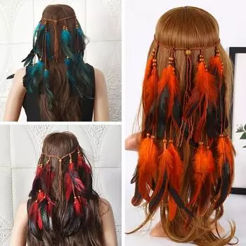 Повязка на голову из перьев в стиле бохо, повязка на голову в стиле хиппи, цыганский аксессуар из перьев, головной убор, индийский костюм для волос для I2U6 Red-1pcs