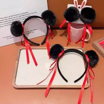 Повязка на голову из шерстяного шарика Yousheng с красной лентой, повязка на голову с дизайном пучка, аксессуары для волос для взрослых и детей чёрный