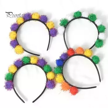 Повязка на голову Марди Гра с разноцветными помпонами, праздничная повязка на голову, аксессуары для волос для взрослых, подростков, карнавальный костюм разноцветный