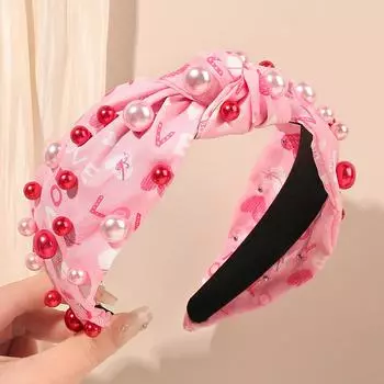 Повязка на голову на День святого Валентина для женщин, жемчужная повязка с узлом, красно-розовая жемчужная повязка для волос, широкая повязка для волос с узлом сверху, подарки на День святого Валентина