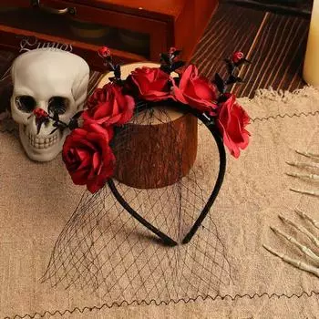 Повязка на голову на Хэллоуин, искусственная роза, сетчатая повязка на голову, праздничный головной убор, макияж на Хэллоуин, аксессуар для волос, женский обруч для волос чёрный