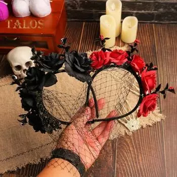 Повязка на голову на Хэллоуин, искусственная роза, сетчатая повязка на голову, праздничный головной убор, макияж на Хэллоуин, аксессуар для волос, женский обруч для волос красный