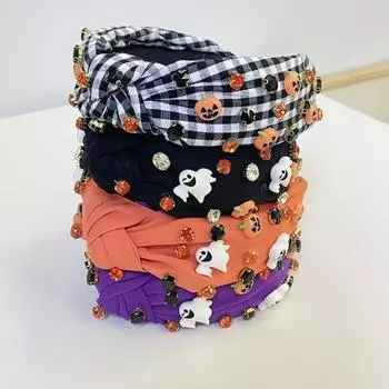 Повязка на голову на Хэллоуин с изображением тыквы-призрака, стразами, обручем для волос с широким дизайном, повязка на голову для взрослых фиолетовый