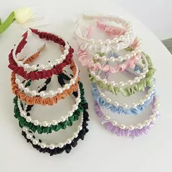 Повязка на голову, однотонная, милая, для волос, женская, сетчатая, с жемчугом, двухрядная, из шелковой ткани, цвет яркий 17*7cm чёрный