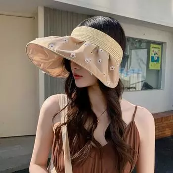 Повязка на голову Пустая шляпа-цилиндр Женский козырек Защита от солнца Летние карнизы Шляпа от солнца Ремешок Цветок вставки Интернет-знаменитость Ракушка шляпа One size хаки