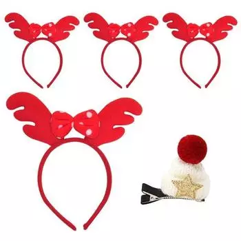 Повязка на голову Рудольф с лентой в горошек Party Show 4 шт. + меховая шапка Рождественская заколка для волос