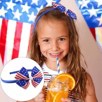 Повязка на голову с американским флагом, День независимости, 4 июля, красный, белый, синий, с бантом, декор, обруч для волос для девочек, аксессуары для волос синий