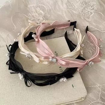 Повязка на голову с бантом из ленты и циркония, женская универсальная повязка на голову с высоким черепом и функцией мытья лица