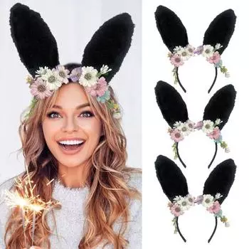 Повязка на голову с большими кроличьими ушками, декор из искусственных цветов, романтический стиль, пасхальные вечеринки, представления, головной убор чёрный