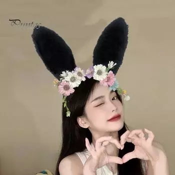Повязка на голову с большими кроличьими ушками, декор из искусственных цветов, романтический стиль, пасхальные вечеринки, представления, головной убор чёрный