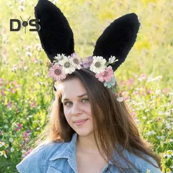 Повязка на голову с большими кроличьими ушками, декор из искусственных цветов, романтический стиль, пасхальные вечеринки, представления, головной убор чёрный