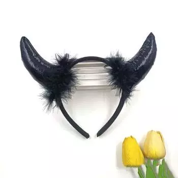 Повязка на голову с черными перьями и бычьими рогами, обруч для волос с демоном, красная повязка для волос на Хэллоуин для женщин и мужчин