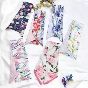 Повязка на голову с цветком, шелковый шарф, универсальный шарф, маленький длинный шарф, женский тонкий шарф, украшение для сумки с завязанной лентой