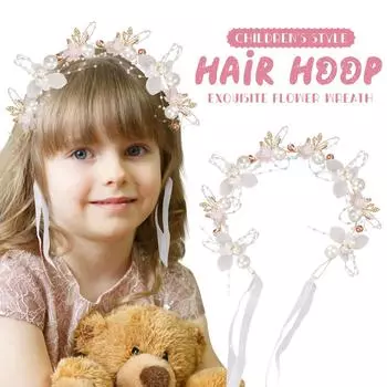 Повязка на голову с цветочным венком, повязка на голову с цветком, повязка на голову с жемчугом, детский головной убор невесты One Size розовый