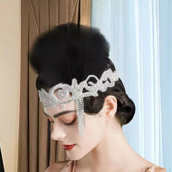 Повязка на голову с хлопушками Головной убор 1920-х годов Тематическая повязка на голову 20-х годов Платье с перьями и стразами чёрный