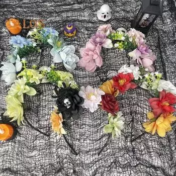 Повязка на голову с изображением черепа и цветка для женщин, готический обруч для волос на Хэллоуин с имитацией розы, легкая повязка на голову в темном стиле для костюмированной вечеринки на Хэллоуин красный