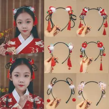 Повязка на голову с кисточками и жемчугом, китайский стиль, новогодний головной убор, костюм Тан, парик Ханьфу, повязка на голову для детей 6