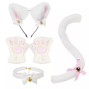 Повязка на голову с кошачьими ушками, хвостом, лапами, перчатками и воротником, комплект из 4 предметов, пушистый с колокольчиком, милый белый котик, аксессуары для костюма на Хэллоуин, белый [mefeny]